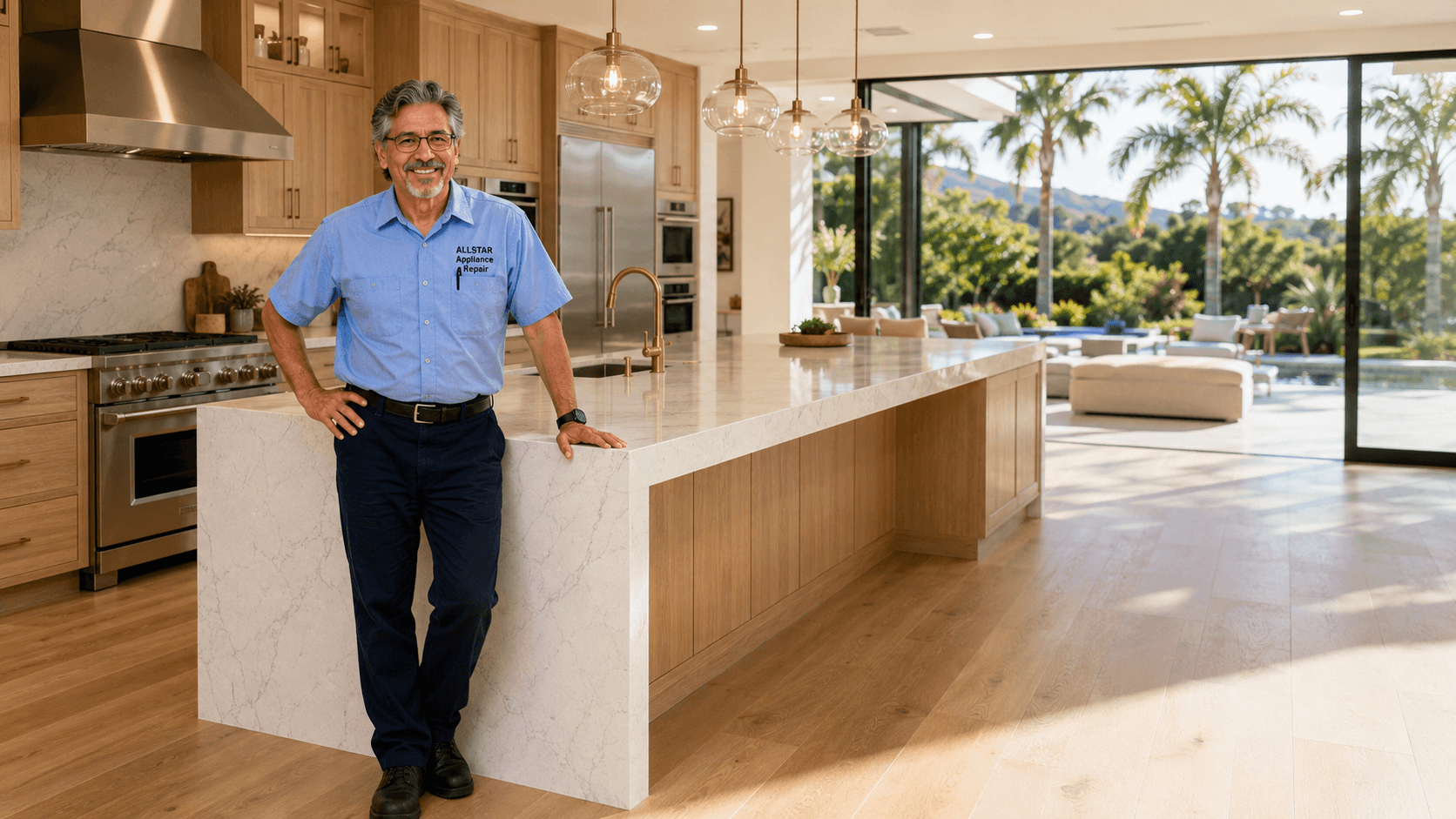 Repairman Dave standing in a luxury Calabasas kitchen