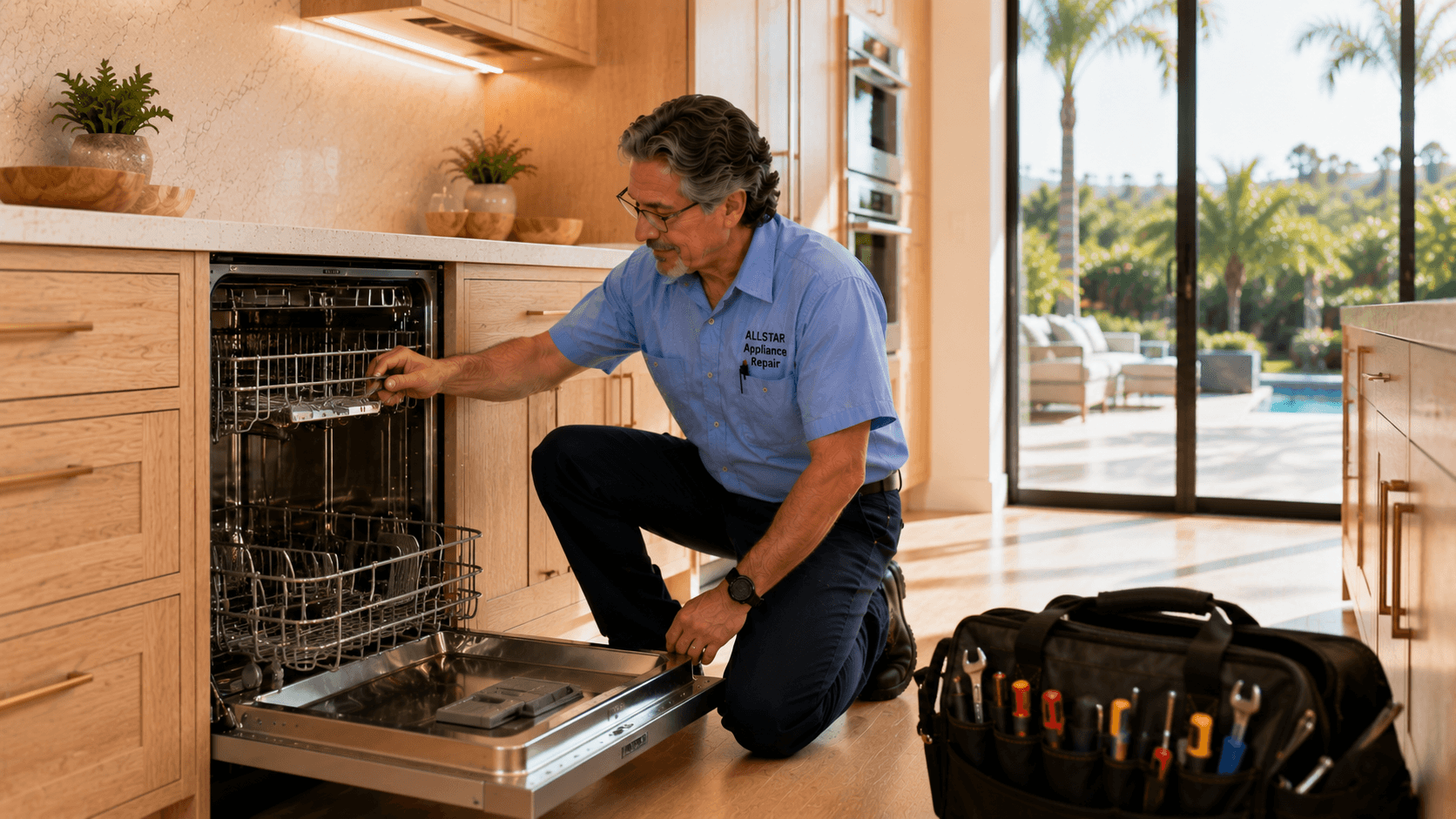Repairman Dave inspecting a dishwasher in Calabasas