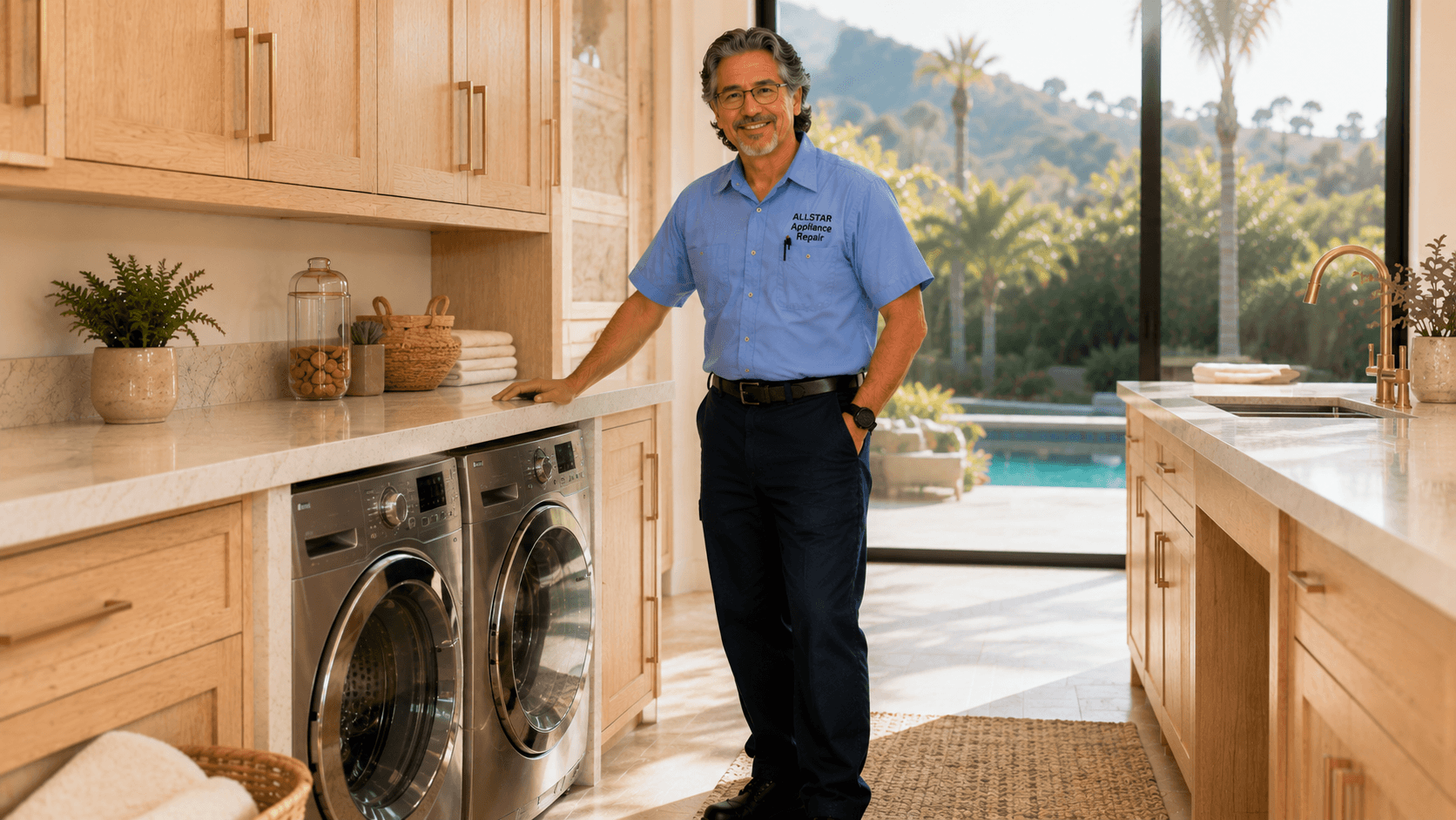 Repairman Dave standing beside washer and dryer units in Calabasas