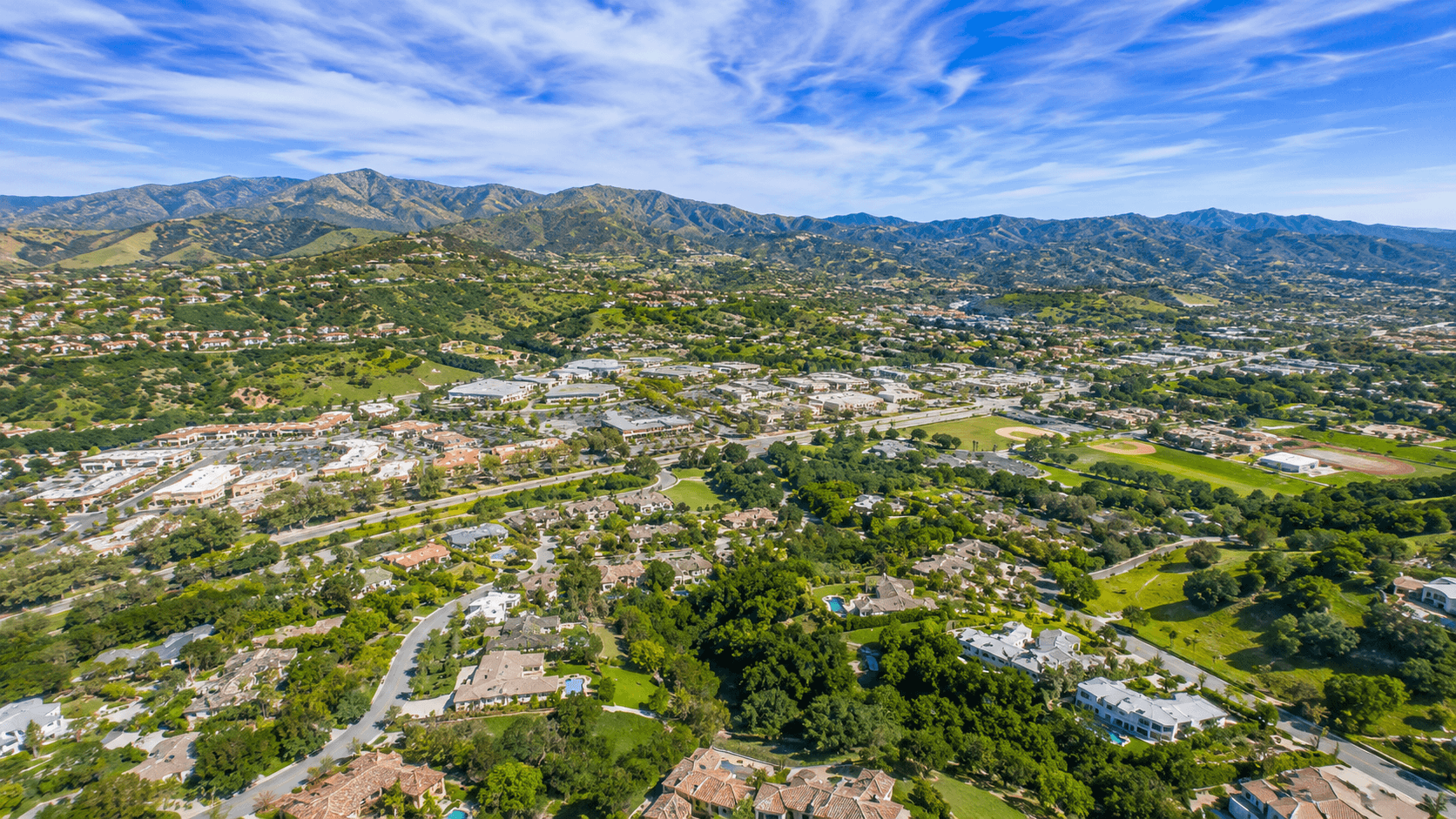 Aerial view of Calabasas California and surrounding hills