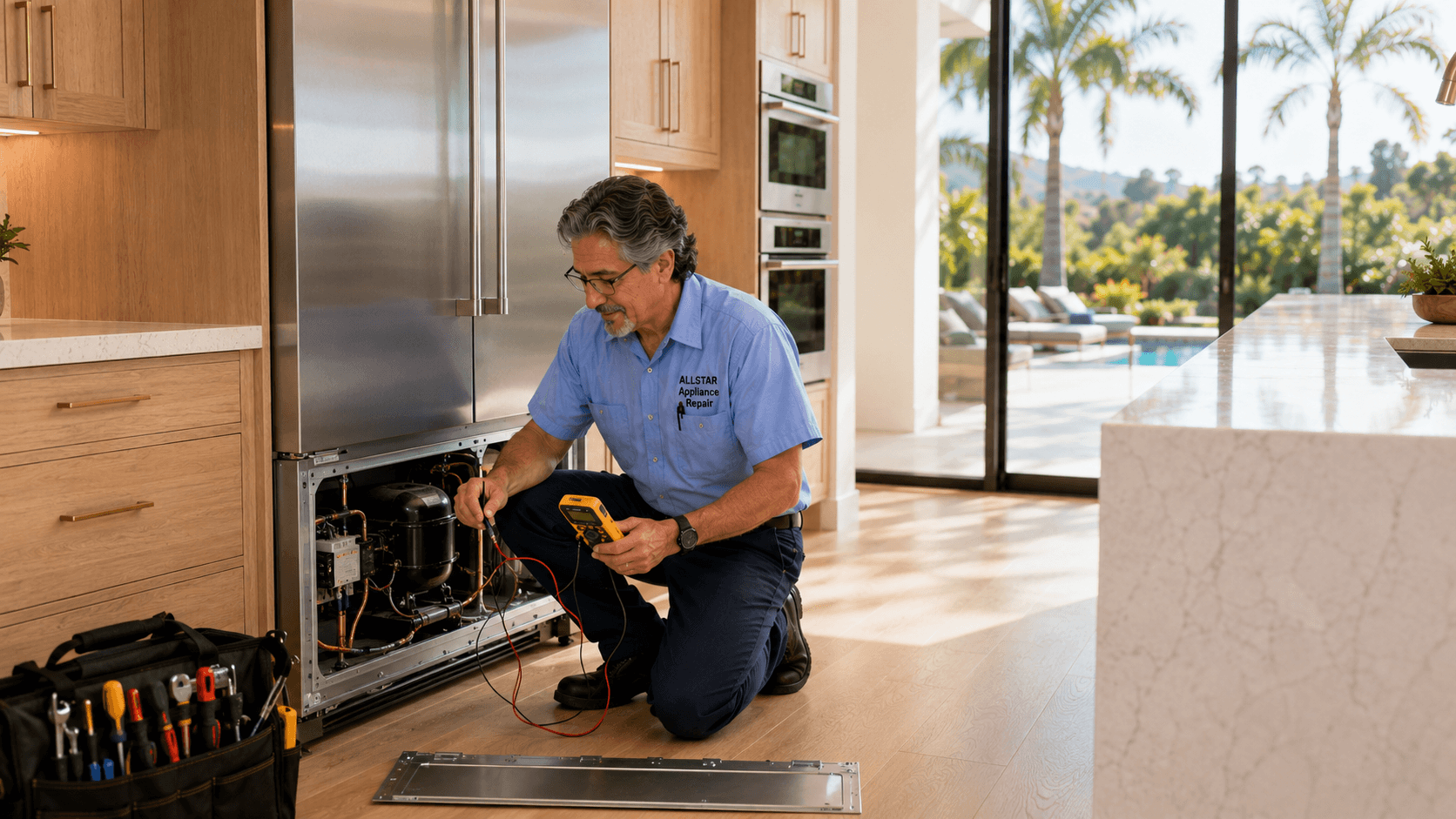 Repairman Dave performing refrigerator diagnostics in Calabasas