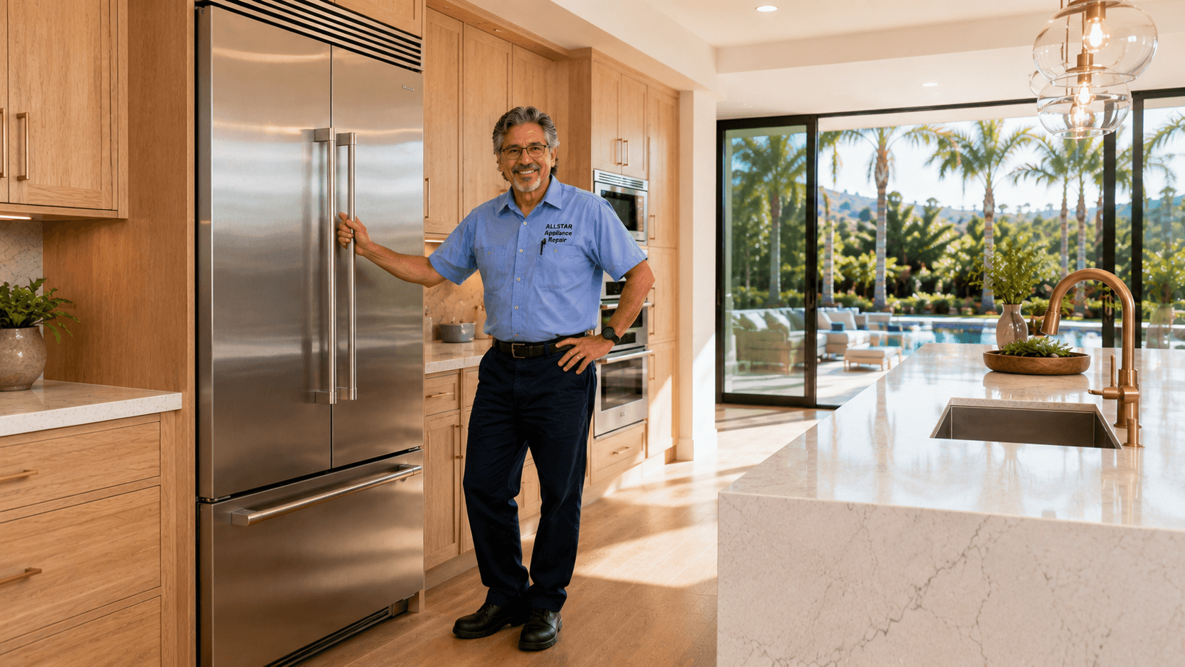 Repairman Dave inspecting a stainless refrigerator in Calabasas