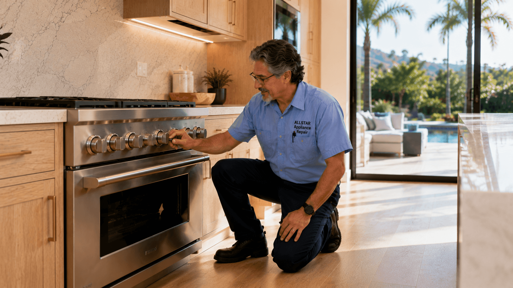 Repairman Dave inspecting a stove and range in Calabasas