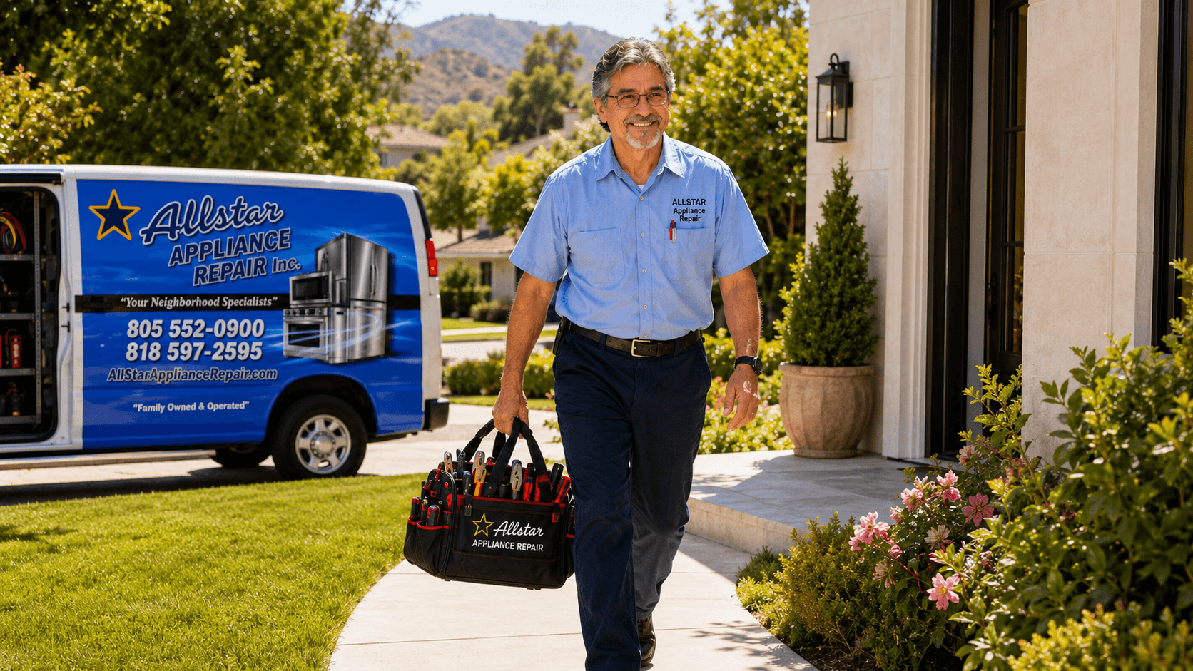 Repairman getting tools from an Allstar Appliance Repair van