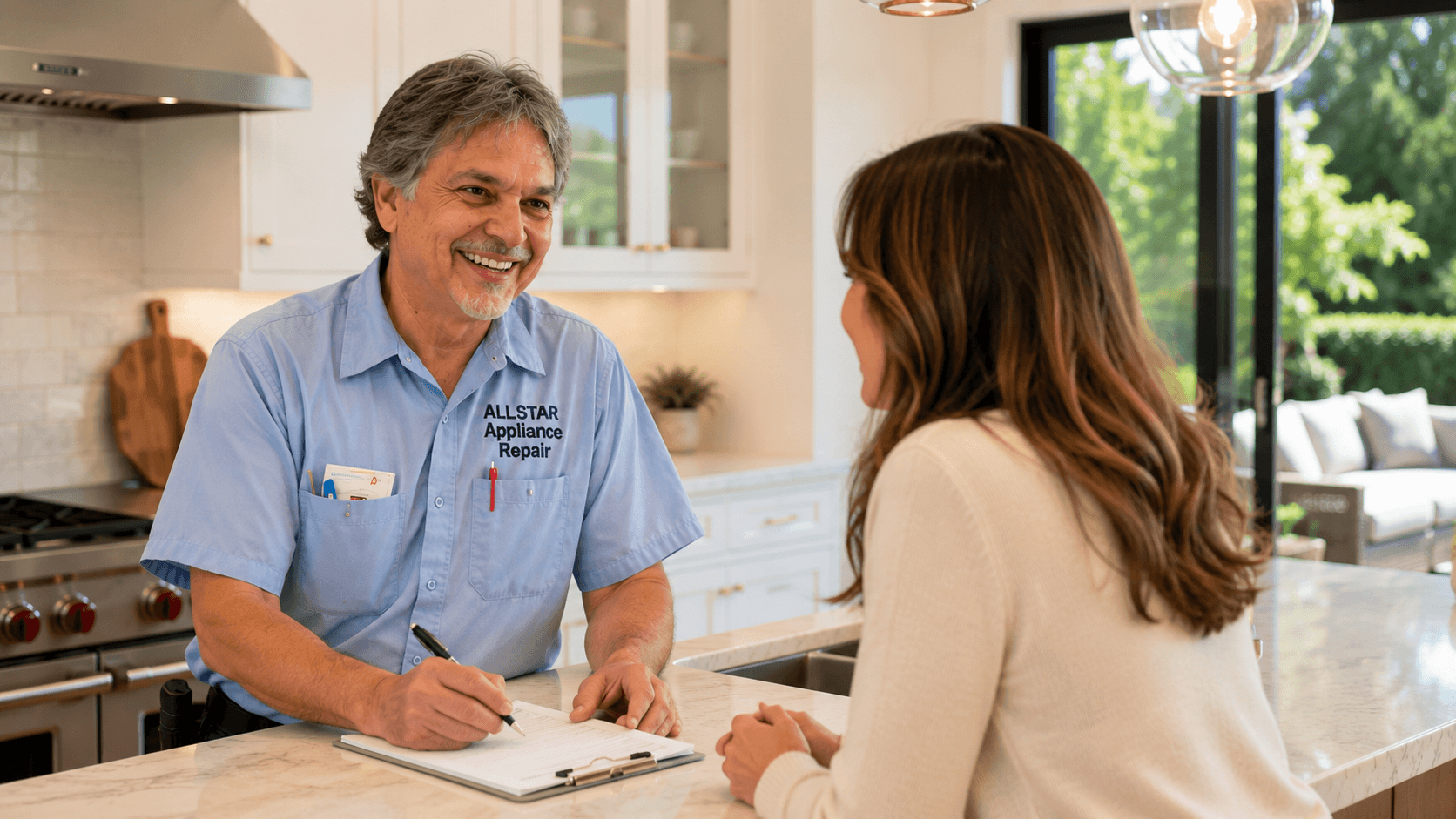 Dave talking with a homeowner about refrigerator repair in Agoura Hills