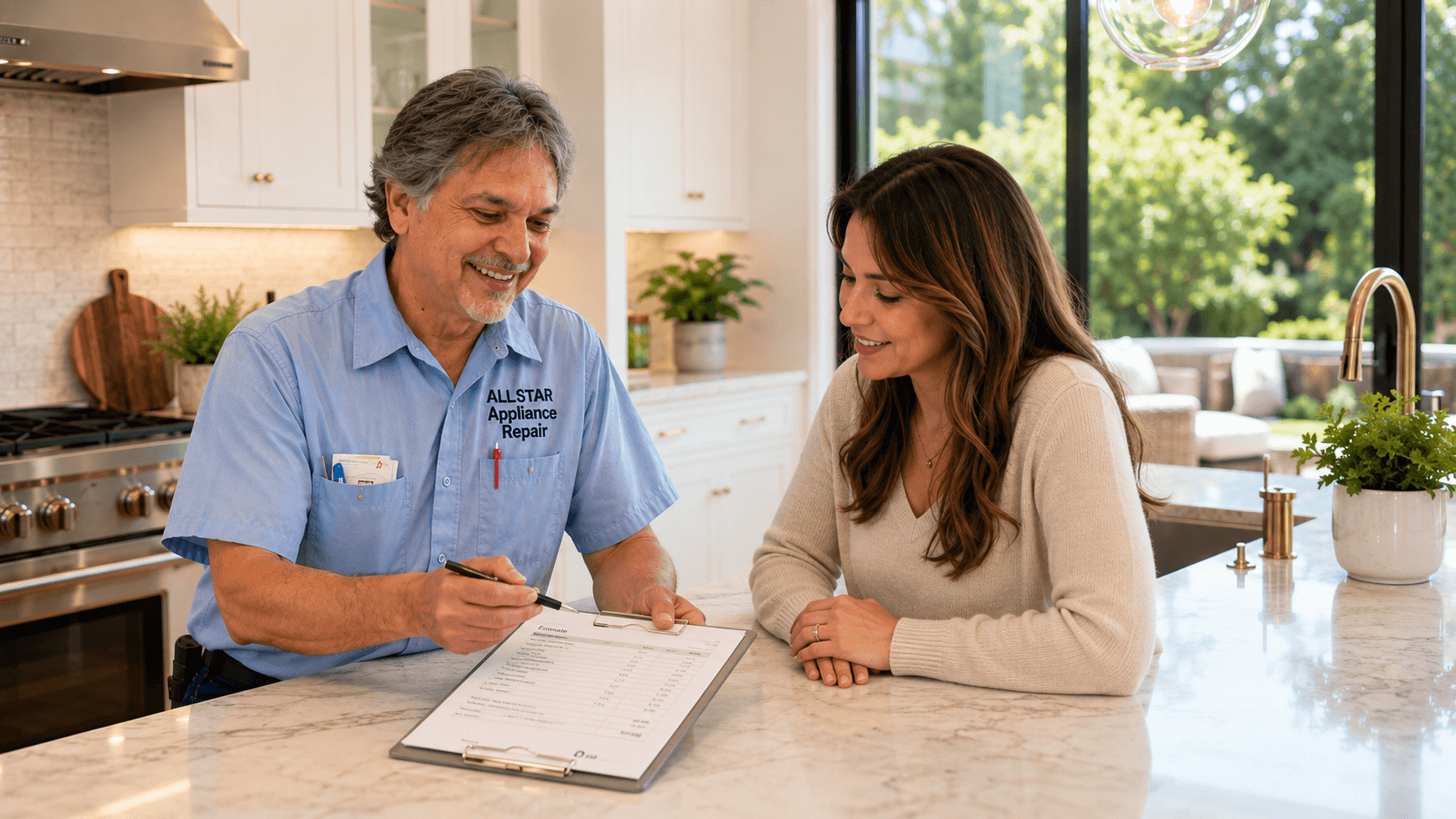 Repairman talking with an Agoura Hills homeowner about appliance repair options