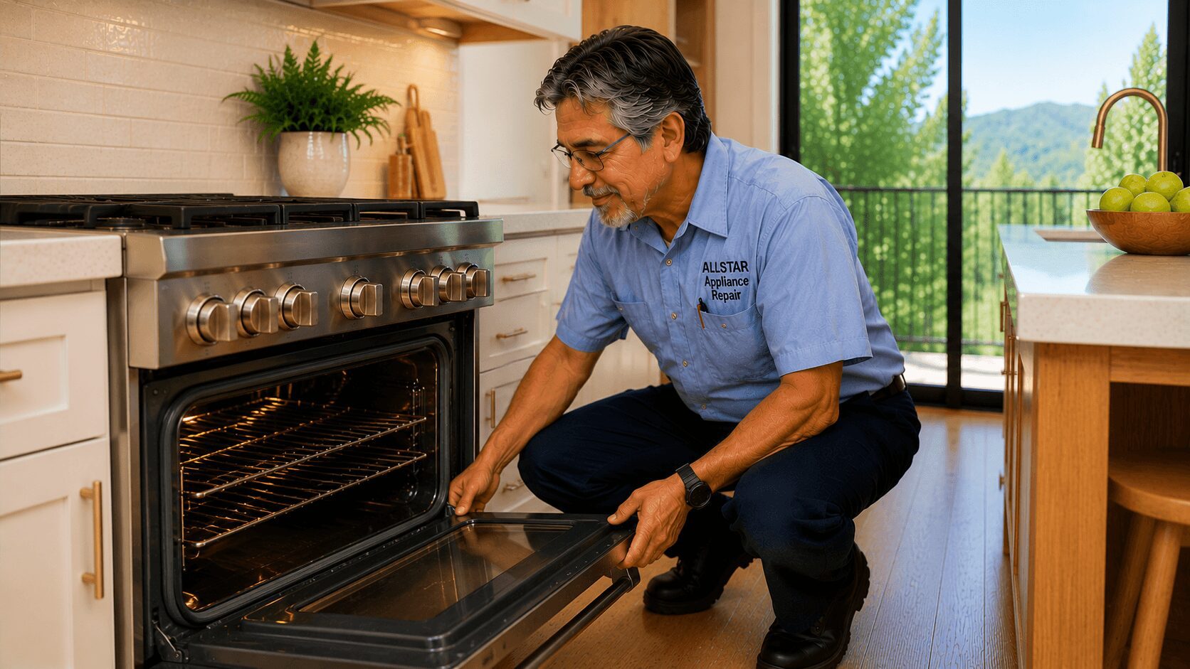 Repairman doing a diagnostic test on a range in Thousand Oaks