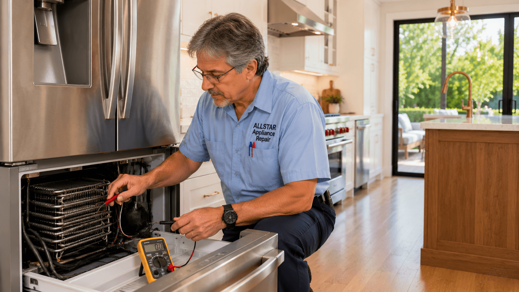 Repairman inspecting a refrigerator in Agoura Hills