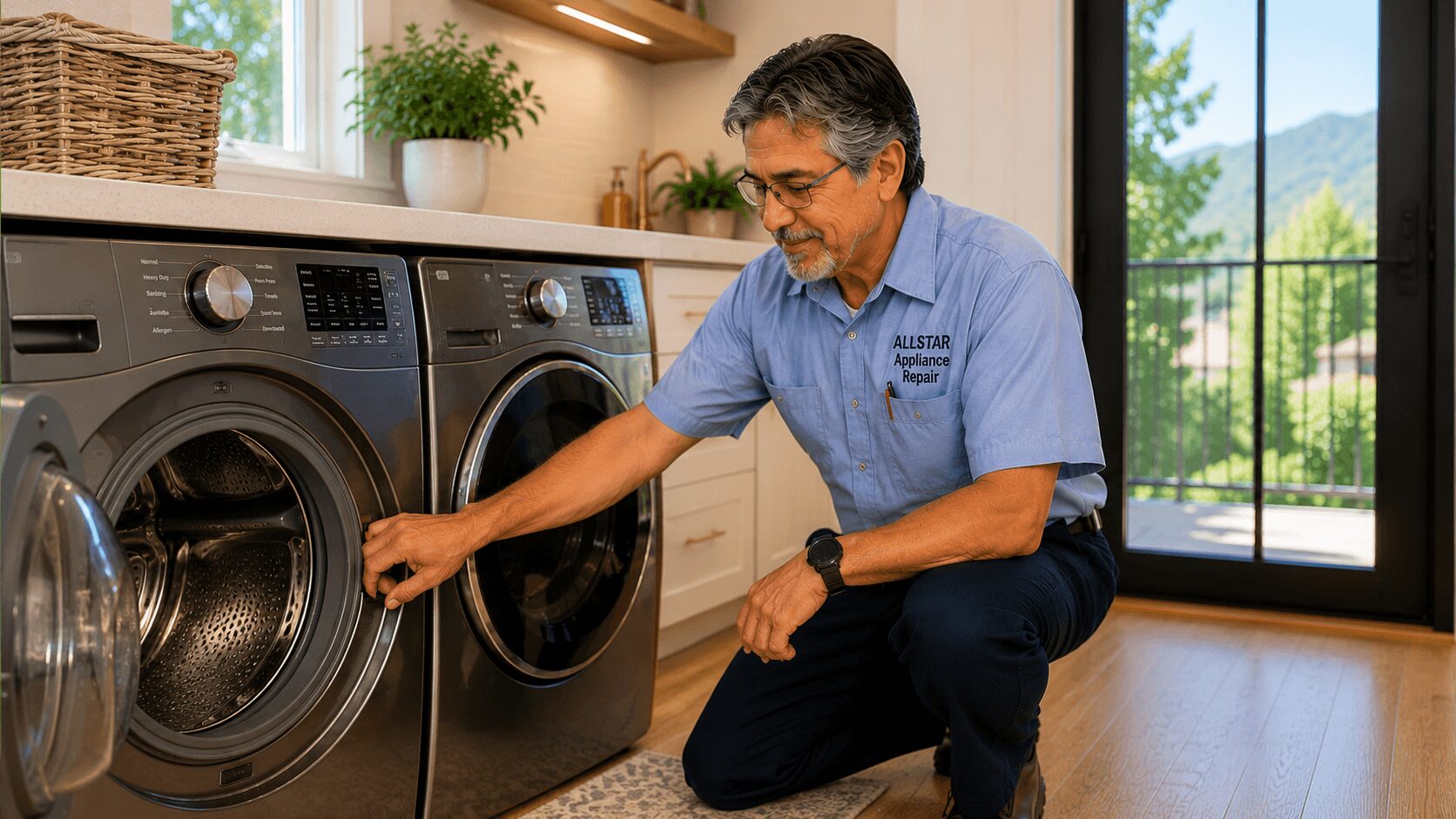 Repairman doing a diagnostic test on a washer and dryer in Thousand Oaks