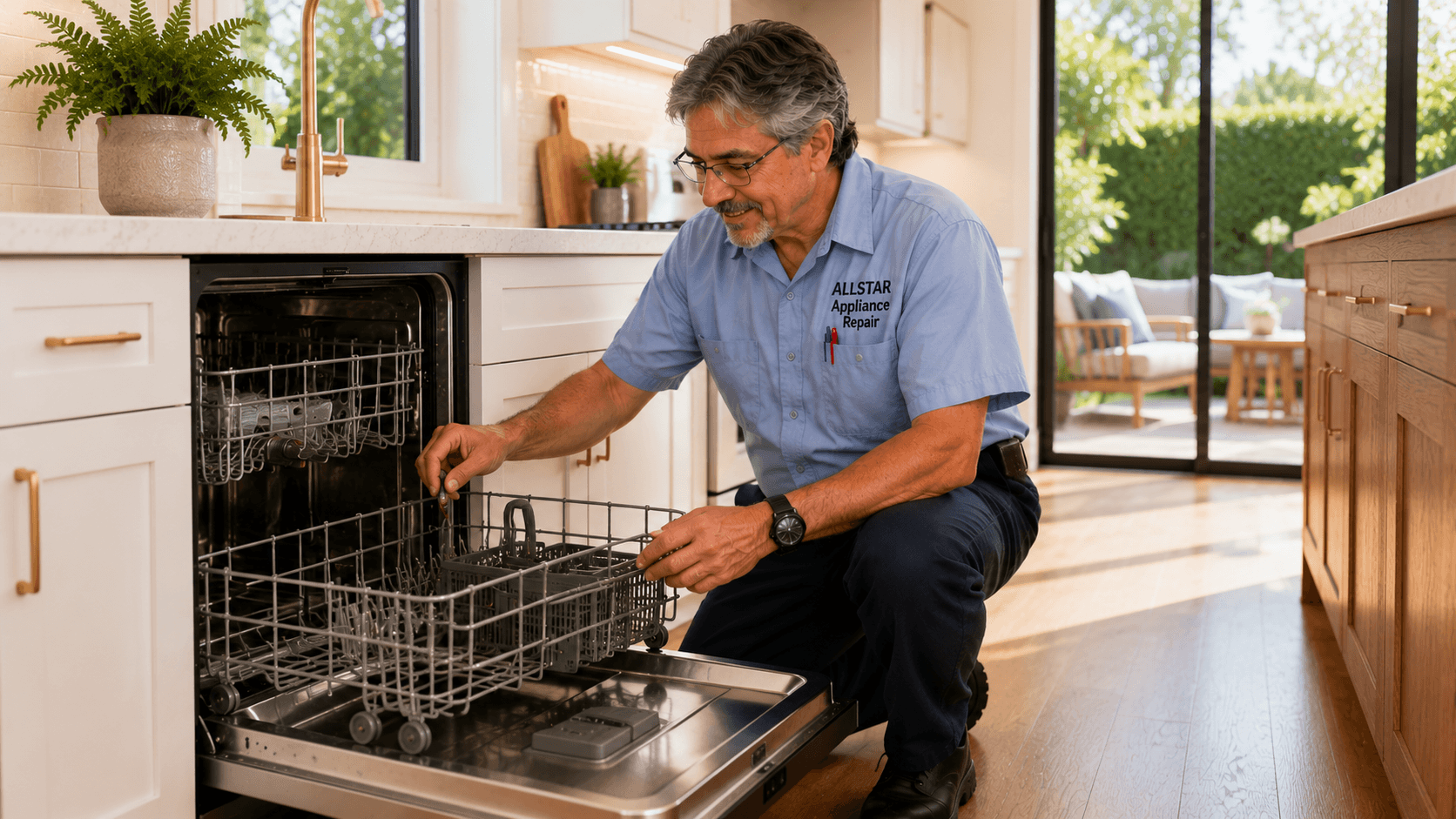 Repairman inspecting a dishwasher in Agoura Hills