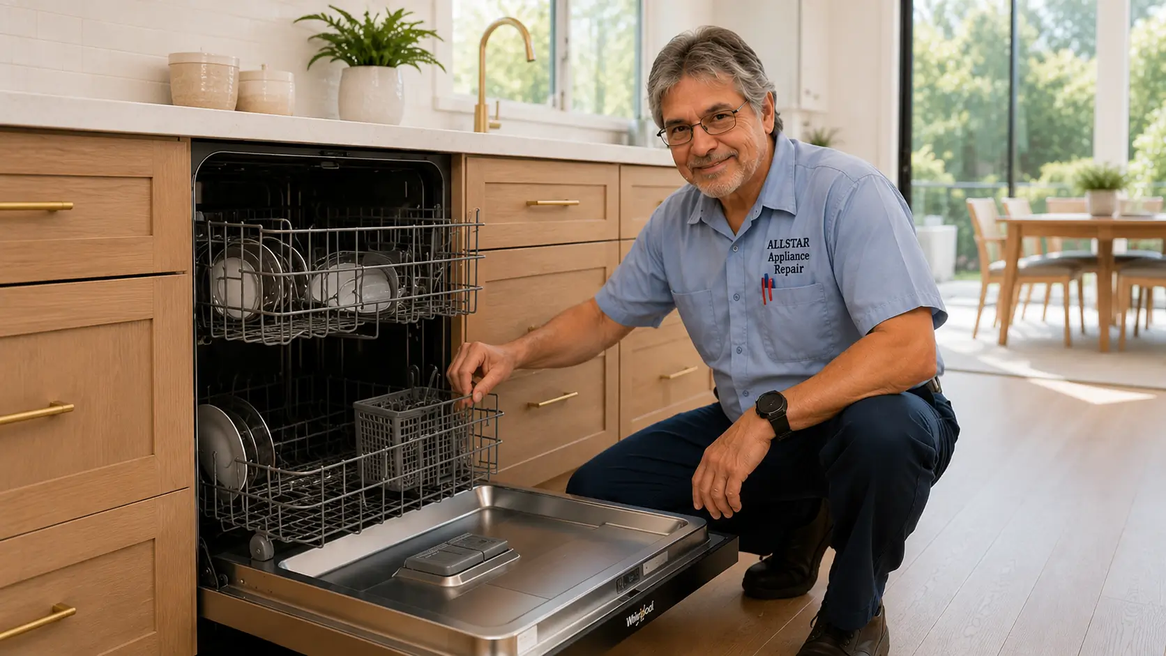 Repairman doing a diagnostic test on a dishwasher in Thousand Oaks